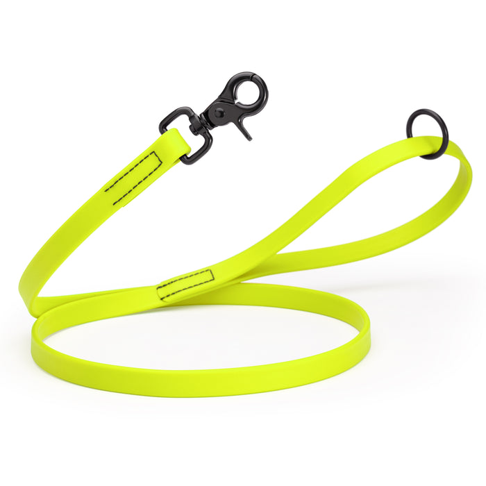 Safety Yellow dog leash with black clasp and O-ring, made from waterproof Biothane, 3/4 inch wide