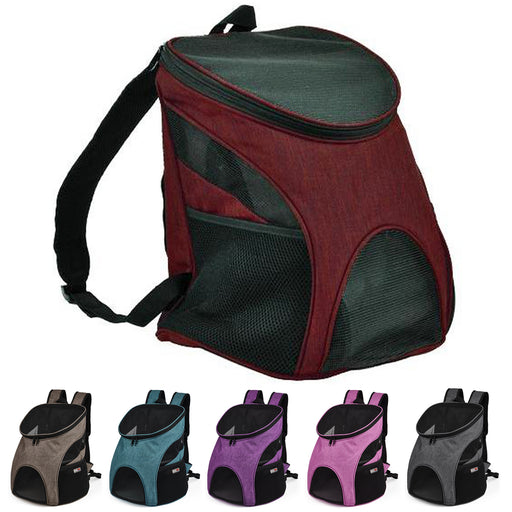 Dog carrier backpack with removable floor and breathable mesh; red, beige, teal, purple, pink, gray and 2 other color options