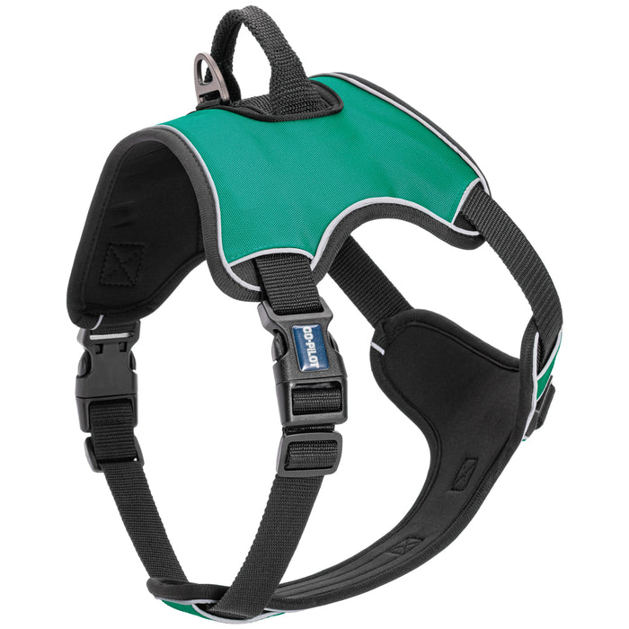 Teal no pull dog harness with adjustable straps, top handle, reflective trim and quick release buckle