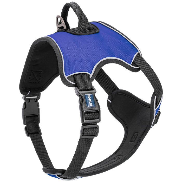 Blue no pull dog harness with adjustable straps, top handle, reflective trim and quick release buckle