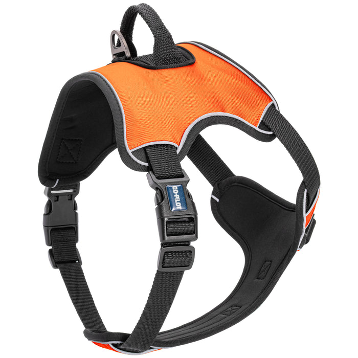 Orange no pull dog harness with adjustable straps, top handle, reflective trim and quick release buckle