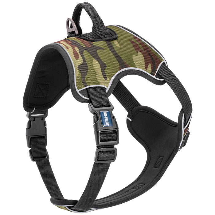 Green Camo no pull dog harness with adjustable straps, top handle, reflective trim and quick release buckle