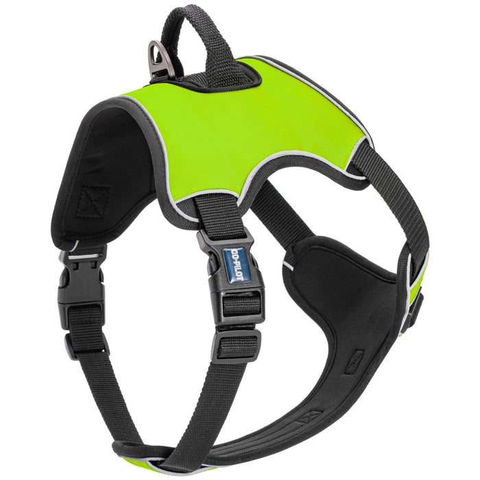 Lime Green no pull dog harness with adjustable straps, top handle, reflective trim and quick release buckle