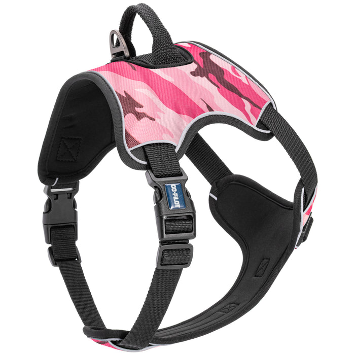Pink Camo no pull dog harness with adjustable straps, top handle, reflective trim and quick release buckle