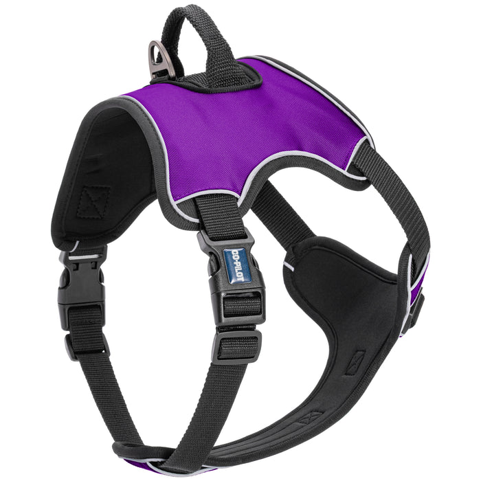 Purple no pull dog harness with adjustable straps, top handle, reflective trim and quick release buckle