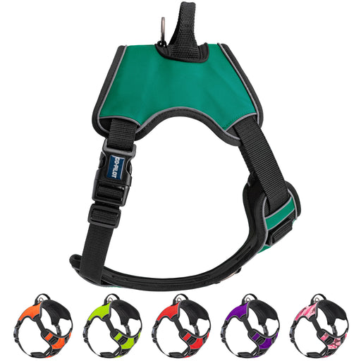Adjustable harness for dogs with top handle and quick release buckle. Teal, orange, green, red, purple, pink camo and other colors available