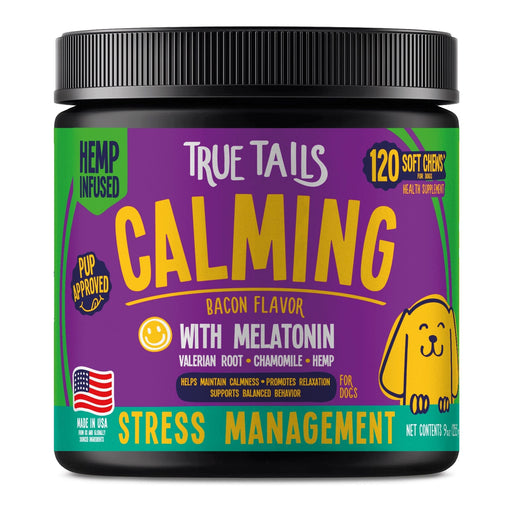 True Tails calming soft chews for dogs with chamomile and melatonin to reduce stress and promote relaxation, bacon flavor