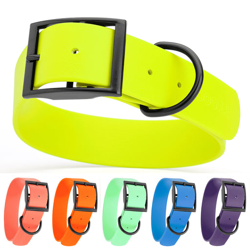 Biothane waterproof collar for dogs with black hardware, size L, from 16 to 20 inches long, 1.5 inches wide; yellow, coral, orange, seafoam, blue, violet and 19 other color options