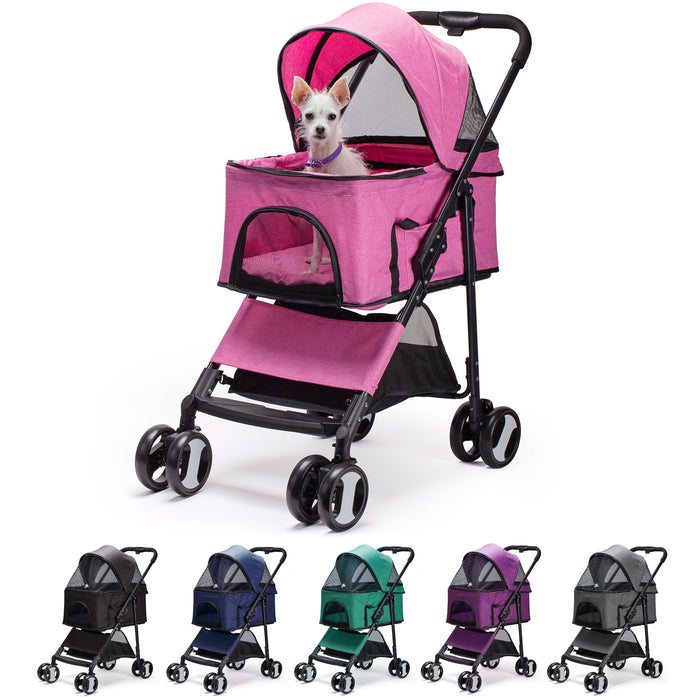 Foldable pet stroller with 4 wheels, mesh screens and storage compartment; pink and 5 other color options