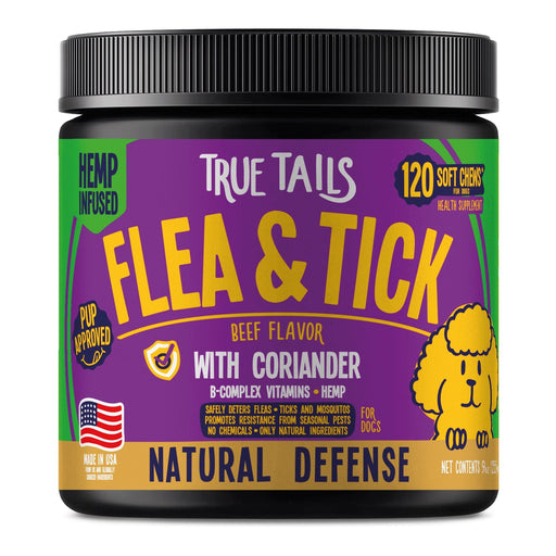 True Tails soft chews for dogs with coriander and Omega 3 fatty acids to keep away fleas, ticks, and mosquitos, beef flavor