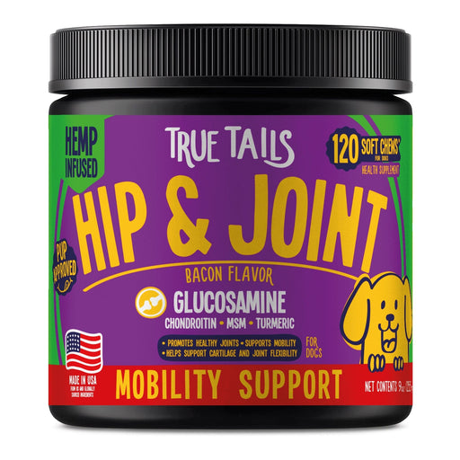 True Tails soft chews for dogs with hemp seed oil and glucosamine to support joint health and mobility, bacon flavor