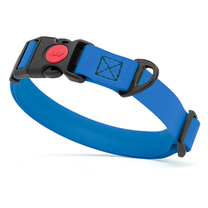 Blue waterproof dog collar with plastic safety lock buckle and metal D-ring, adjustable