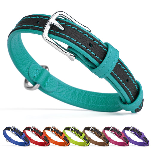 Leather collar for dogs with metal buckle, teal and 7 other color options