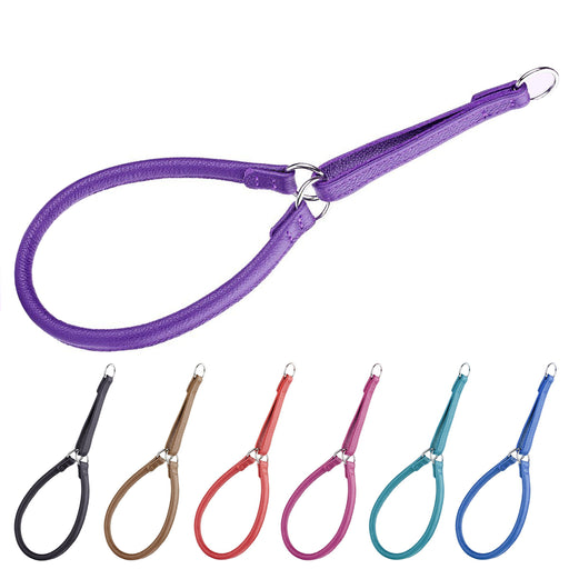 Round leather martingale collar for dogs with metal hardware, purple and 6 other color options