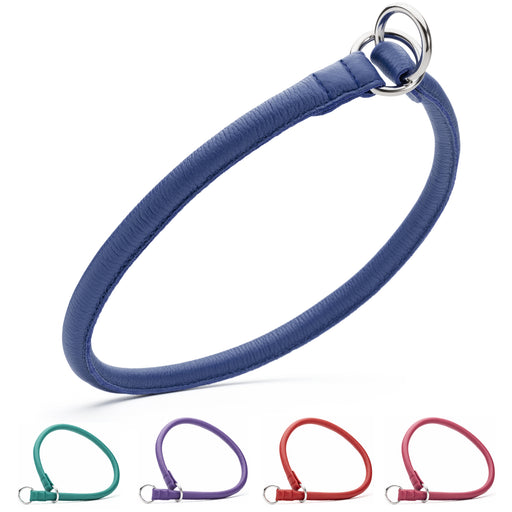 Dog slip collar with metal hardware, made from leather; blue, teal, purple red, pink and other color options available