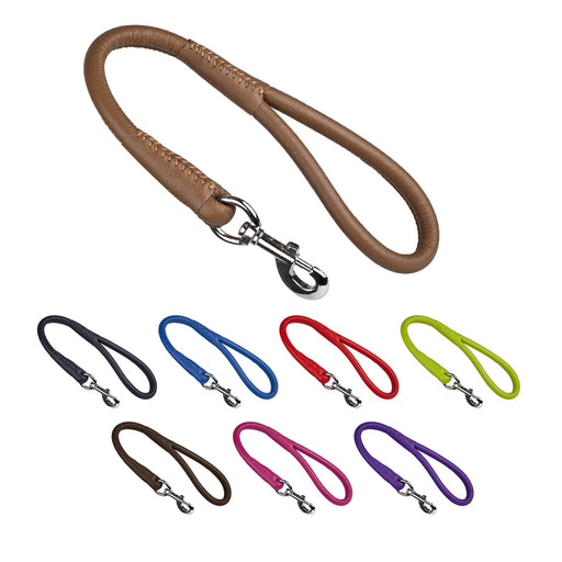 Leather traffic lead for dogs with metal snap hook, brown and 10 other color options, 22 inches long