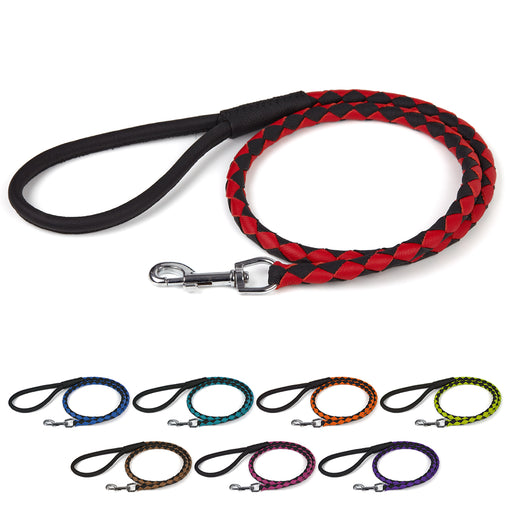 Braided leather leash for dogs with metal snap hook, red and black and 6 other color combination options