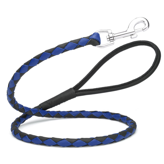 Black and blue leather dog leash with metal clip, 3/8 inch wide, braided design