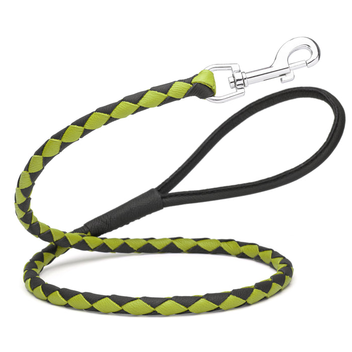 Black and green leather dog leash with metal clip, 3/8 inch wide, braided design