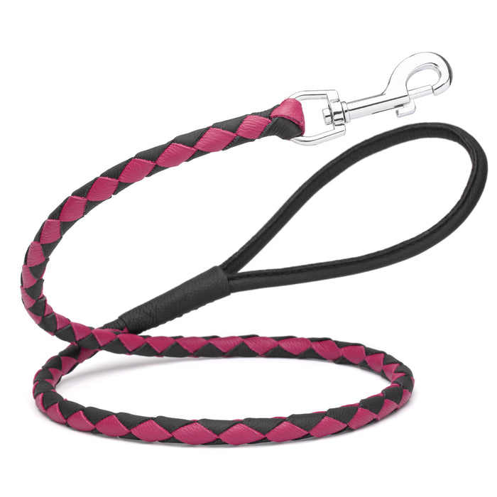 Black and pink leather dog leash with metal clip, 3/8 inch wide, braided design