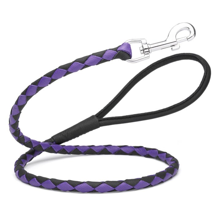 Black and purple leather dog leash with metal clip, 3/8 inch wide, braided design