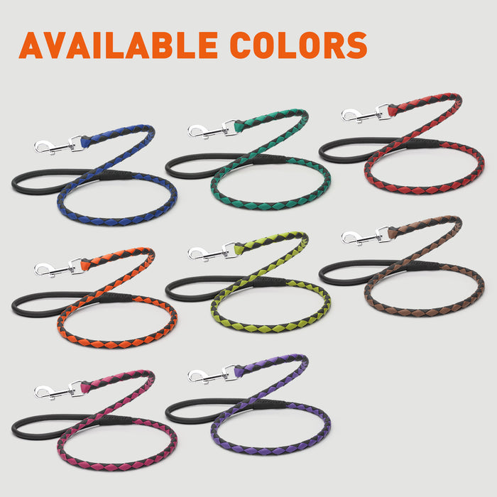 Braded leather dog leashes are available in 8 color combinations