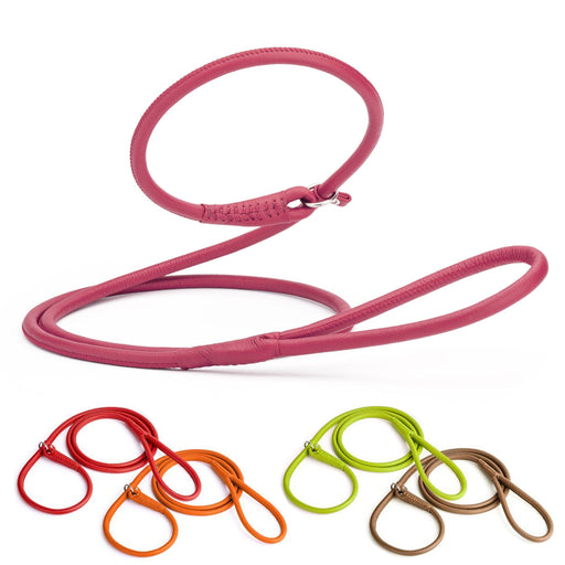 Round leather slip leads for dogs, 3ft and 6ft long; pink, red, orange, lime green, brown and 6 other color options