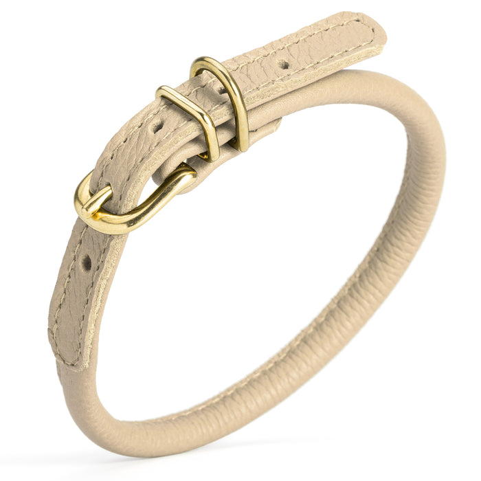 Beige round leather dog collar with brass buckle and D-ring, 1/3 inch wide