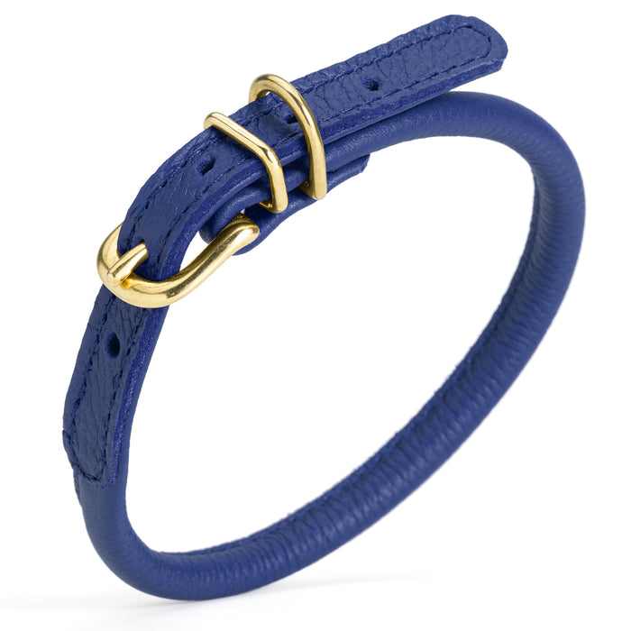 Blue round leather dog collar with brass buckle and D-ring, 1/3 inch wide