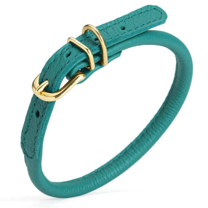 Teal round leather dog collar with brass buckle and D-ring, 1/3 inch wide