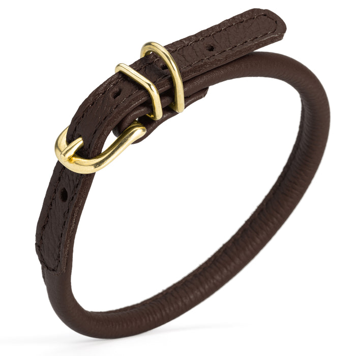 Dark brown round leather dog collar with brass buckle and D-ring, 1/3 inch wide