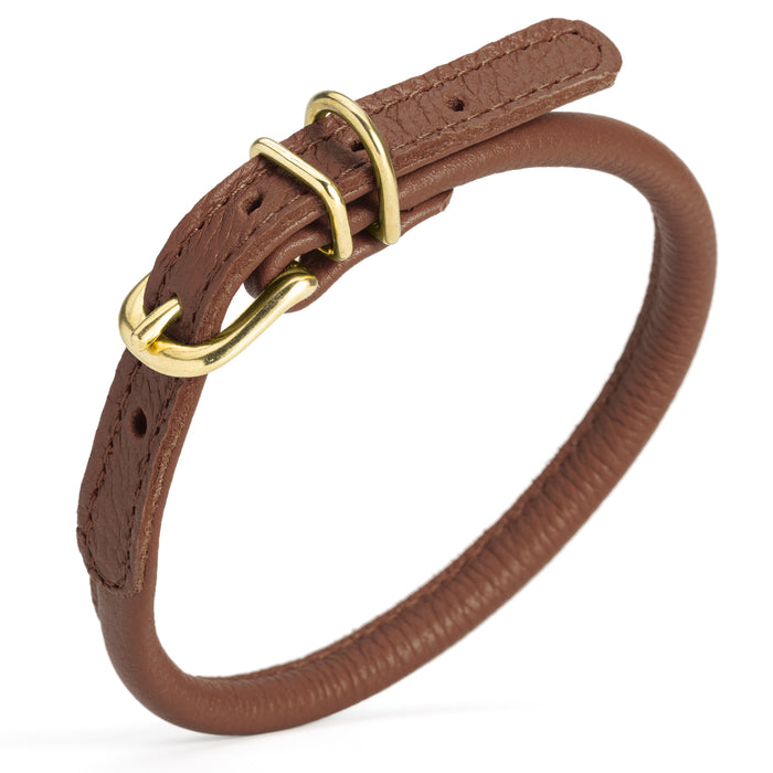 Brown round leather dog collar with brass buckle and D-ring, 1/3 inch wide