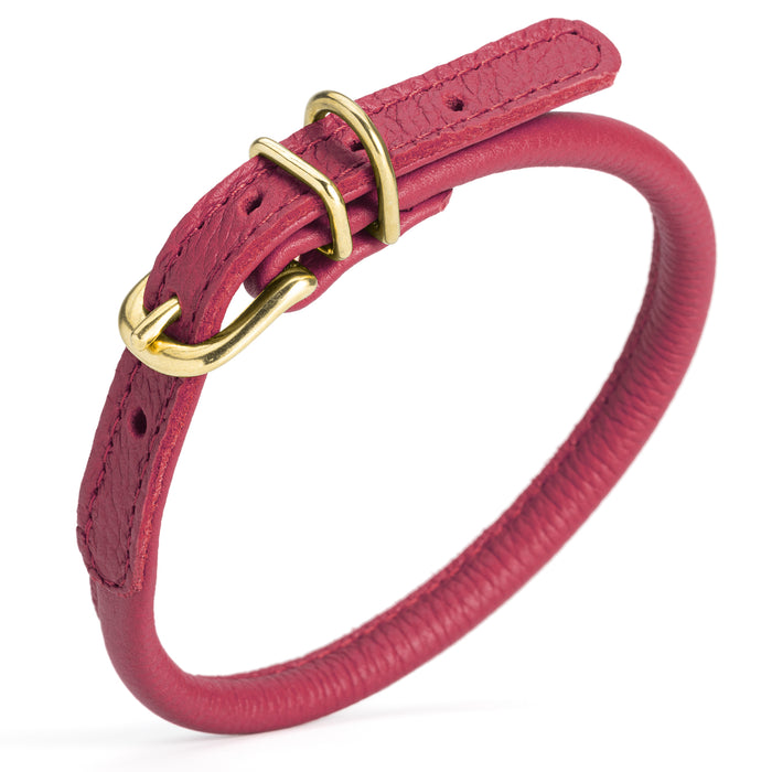 Pink round leather dog collar with brass buckle and D-ring, 1/3 inch wide