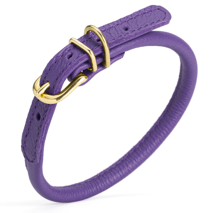 Purple round leather dog collar with brass buckle and D-ring, 1/3 inch wide