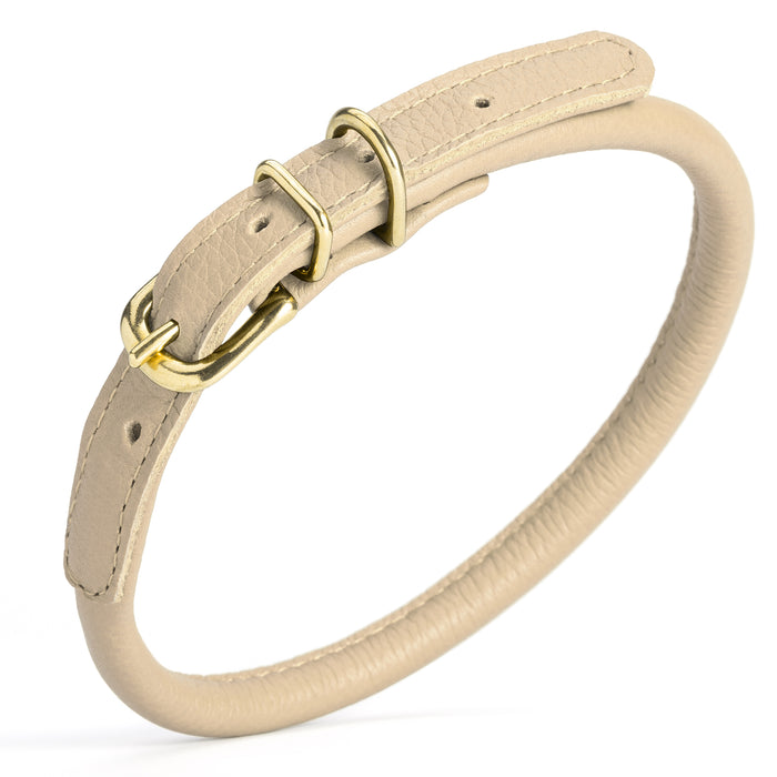 Beige rolled leather dog collar with brass hardware, 3/8 inch wide