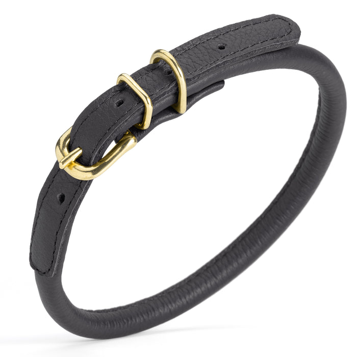 Black rolled leather dog collar with brass hardware, 3/8 inch wide