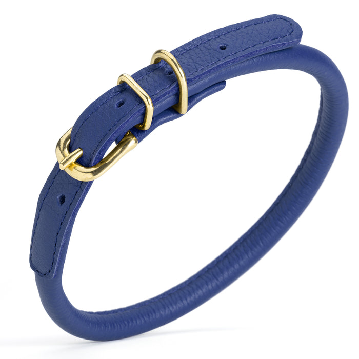 Royal blue rolled leather dog collar with brass hardware, 3/8 inch wide