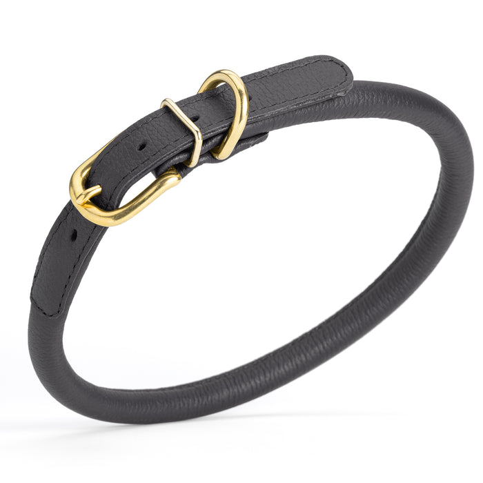 Black leather dog collar with brass buckle and D-ring, 1/2 inch width, rolled design