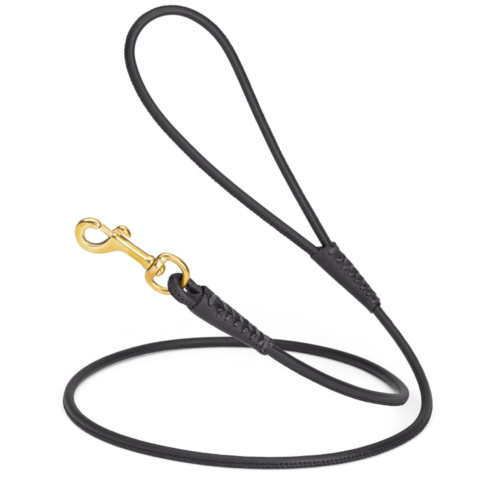 Black rolled leather dog lead with brass snap, 1/4 inch wide