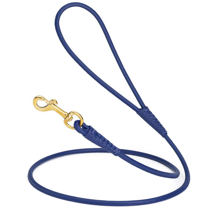 Royal blue rolled leather dog lead with brass snap, 1/4 inch wide