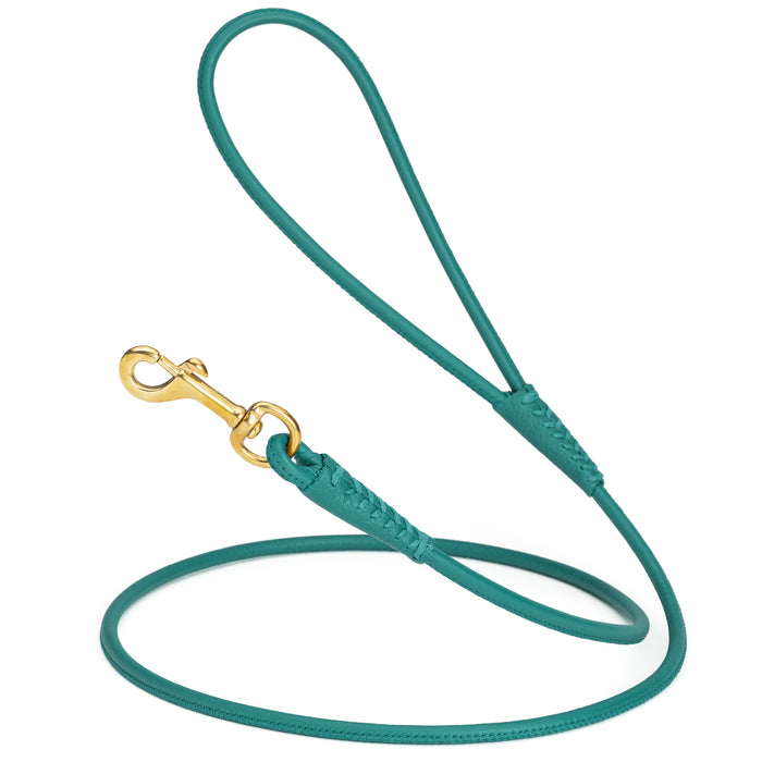 Teal rolled leather dog lead with brass snap, 1/4 inch wide