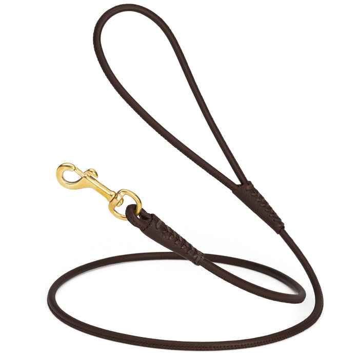 Dark Brown rolled leather dog lead with brass snap, 1/4 inch wide