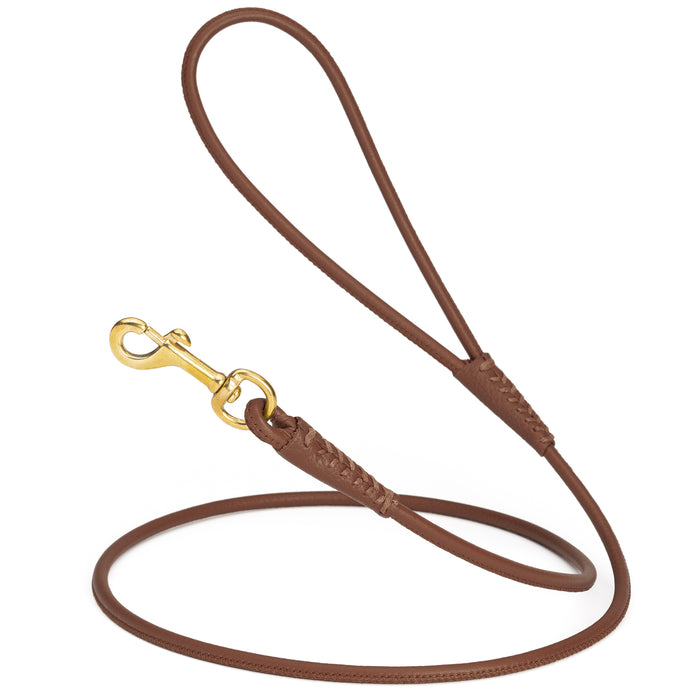 Brown rolled leather dog lead with brass snap, 1/4 inch wide