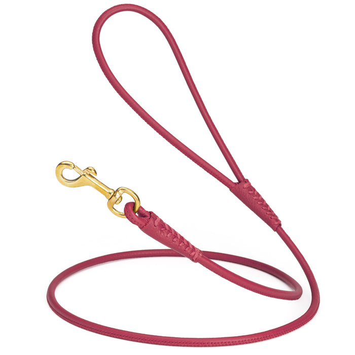 Pink rolled leather dog lead with brass snap, 1/4 inch wide