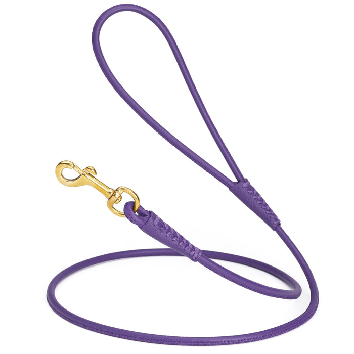 Purple rolled leather dog lead with brass snap, 1/4 inch wide