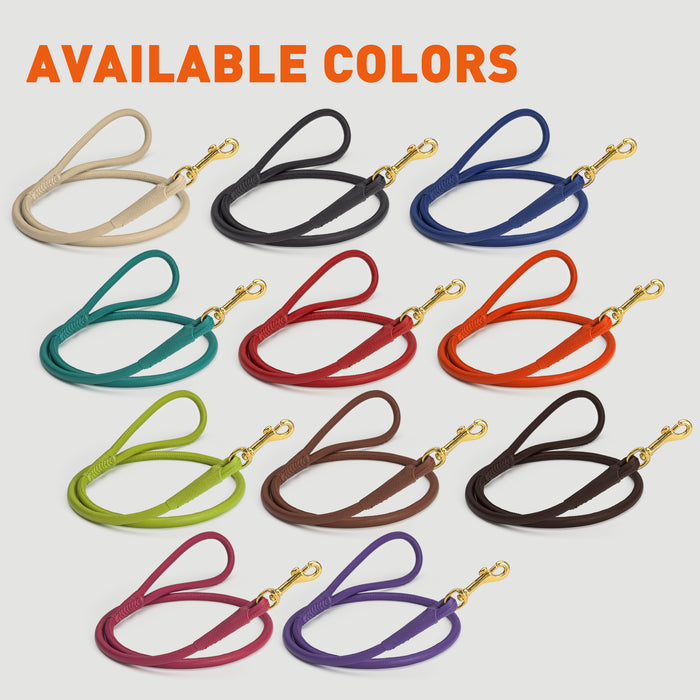 Rolled leather dog leashes with solid brass snap hook are available in 11 colors