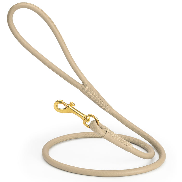 Beige round leather dog leash with brass clip, width 3/8 inch