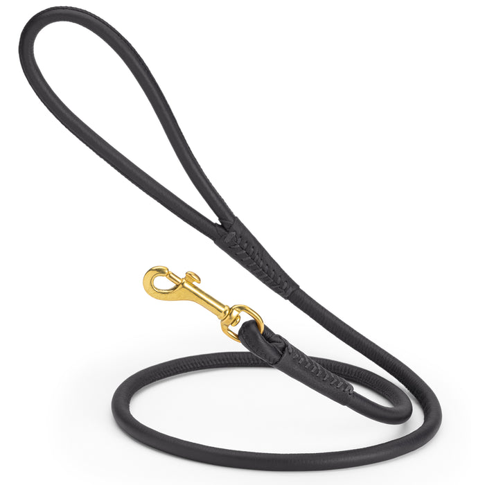 Black round leather dog leash with brass clip, width 3/8 inch