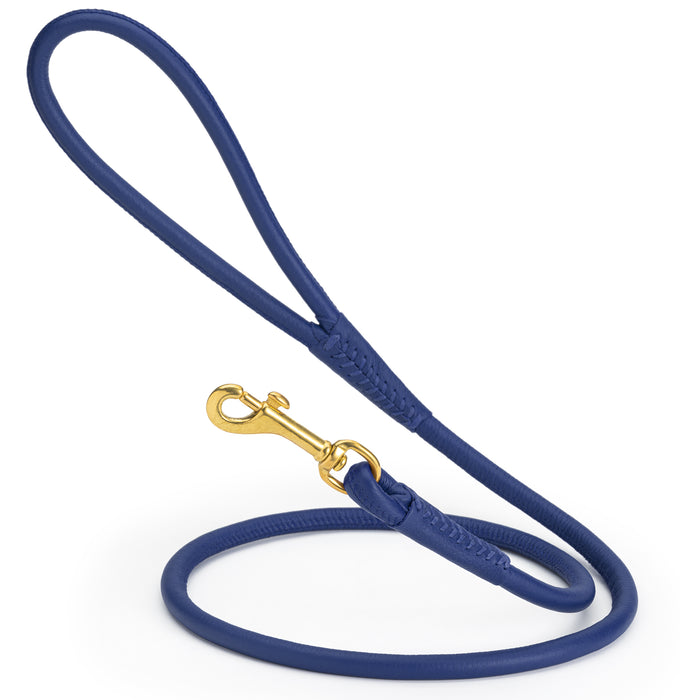 Blue round leather dog leash with brass clip, width 3/8 inch