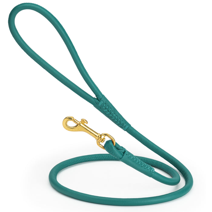 Teal round leather dog leash with brass clip, width 3/8 inch